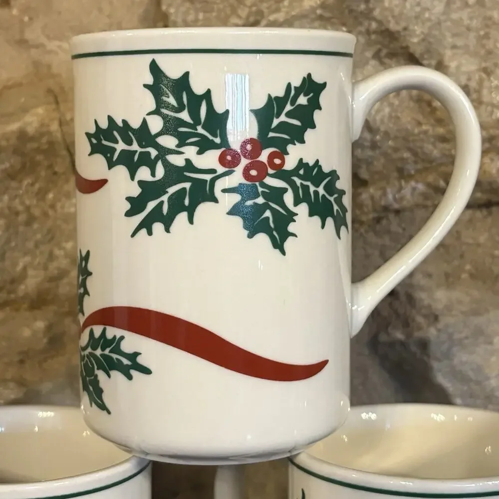 Vintage Libbey Holly Berries Ribbon Ceramic Cups Mugs Holiday Christmas Set of 6